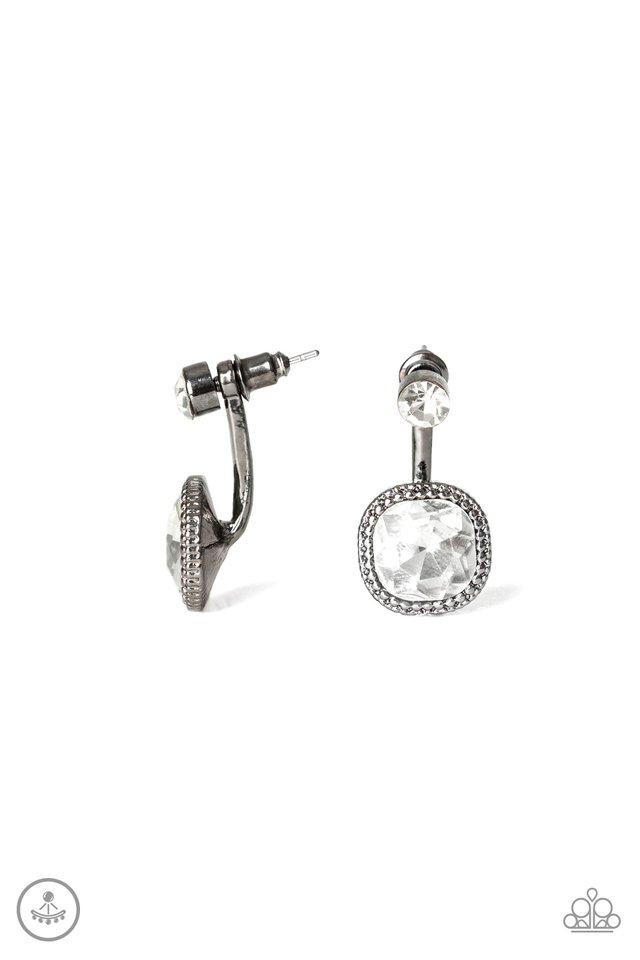 Celebrity Cache - Black / Gunmetal Fashion Earrings - Paparazzi Accessories - A solitaire white rhinestone attaches to a double-sided post, designed to fasten behind the ear. Featuring a faceted white gem, the glitzy double-sided post peeks out beneath the ear for a refined look. Earring attaches to a standard post fitting.