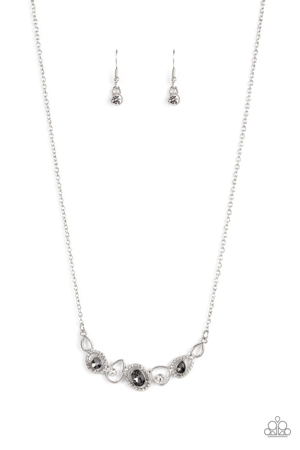 Celestial Cadence - Smoky Gem - Silver Necklace - Paparazzi Accessories - An incandescent assortment of shiny silver frames, dainty white rhinestones, and oversized smoky gems delicately coalesce into a statement-making sparkle below the collar. Features an adjustable clasp closure.