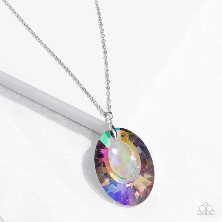 Celestial Essence - Multi Iridescent Necklace - Paparazzi Accessories - Bejeweled Accessories By Kristie - Featuring a reflective focal point and an exaggerated faceted surface, a dramatically oversized, iridescent gem sparkles at the bottom of a lengthened silver chain for an out-of-this-world kind of dazzle. Features an adjustable clasp closure. Due to its prismatic palette, color may vary. Trendy fashion jewelry for everyone.