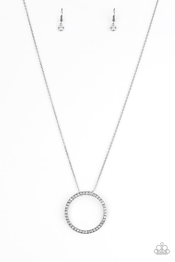 Center Of Attention - Black - Gunmetal Necklace - Paparazzi Accessories - Encrusted in glittery white rhinestones, a dramatic gunmetal hoop swings from the bottom of a lengthened gunmetal chain for a refined look. Features an adjustable clasp closure. Sold as one individual necklace. Includes one pair of matching earrings.