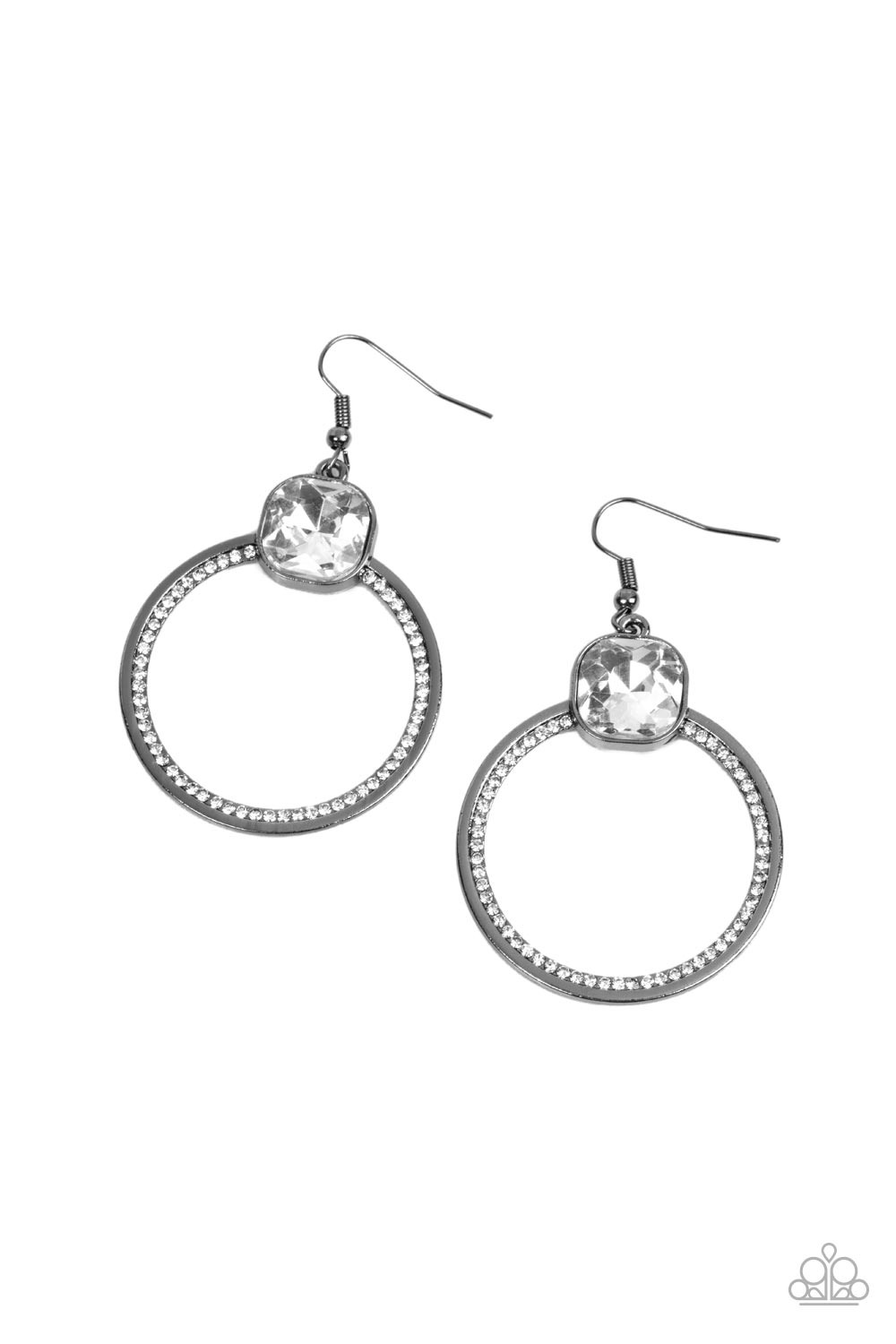 Cheers to Happily Ever After - Black Gem Fashion Earrings - Paparazzi Accessories - An oversized white gem sits atop a gunmetal hoop with an inner ring encrusted in glitzy white rhinestones, resulting in a timeless twinkle. Earring attaches to a standard fishhook fitting. 