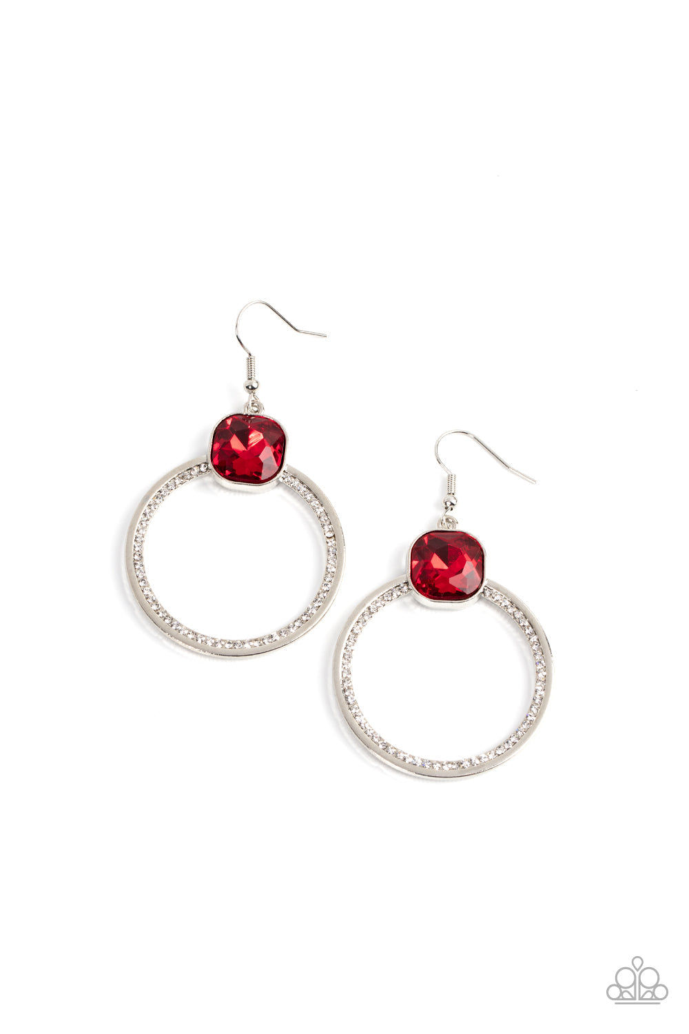 Cheers to Happily Ever After - Red Gem - Silver Earrings - Paparazzi Accessories - An oversized red gem sits atop a silver hoop with an inner ring encrusted in glitzy white rhinestones, resulting in a timeless twinkle. Earring attaches to a standard fishhook fitting.