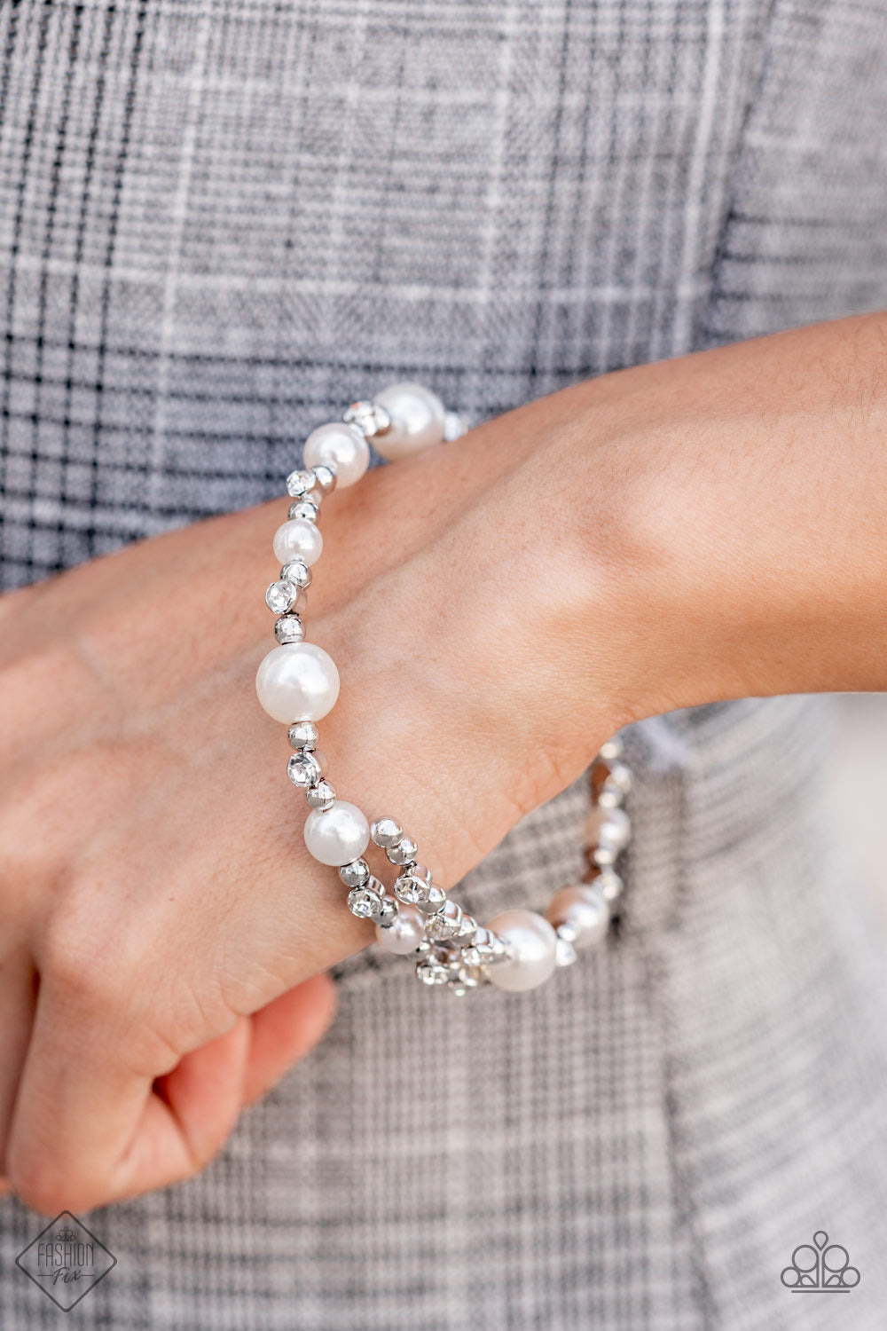 Chicly Celebrity - White Pearl - Rhinestone Infinity Wrap Bracelet - Paparazzi Accessories - Bubbly pearls and brilliant white rhinestones are accented with shiny silver beads threaded along a single wire to create a chicly glamorous infinity wrap bracelet.