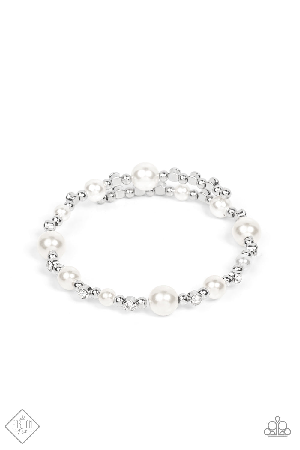 Chicly Celebrity - White Pearl - Rhinestone Infinity Wrap Bracelet - Paparazzi Accessories - Bejeweled Accessories By Kristie - Bubbly pearls and brilliant white rhinestones are accented with shiny silver beads threaded along a single wire to create a chicly glamorous infinity wrap bracelet.