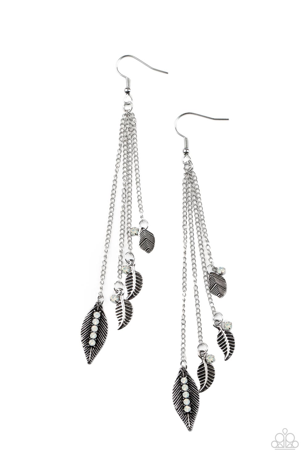 Chiming Leaflets - White Opal - Silver Earrings - Paparazzi Accessories - 
A collection of textured antiqued silver leaflets accented with dewdrop opal rhinestones, swing from delicate silver chains creating a tranquil chime as it falls from the ear. Earring attaches to a standard fishhook fitting. Sold as one pair of earrings.
