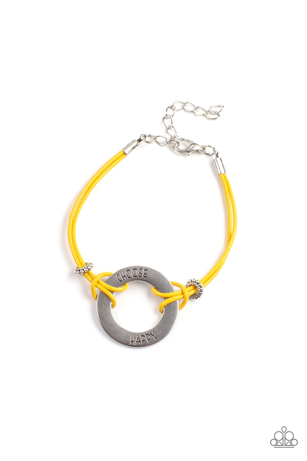 Choose Happy - Yellow Leather Bracelet - Paparazzi Accessories - Bejeweled Jewelry by Kristie - Infused with studded silver beads, yellow leathery cords knot around a silver ring stamped in the phrase, "Choose Happy," creating a motivational centerpiece around the wrist. Features an adjustable clasp closure fashion bracelet.