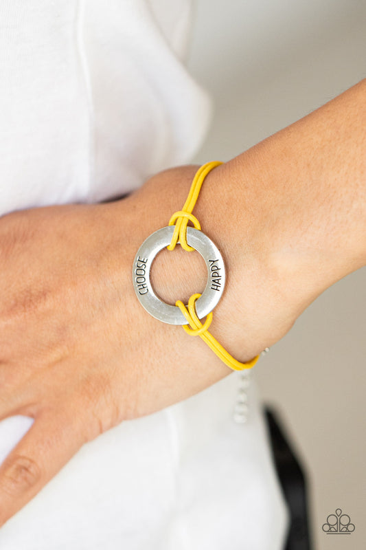 Choose Happy - Yellow Leather Bracelet - Paparazzi Accessories - Bejeweled Jewelry by Kristie - Infused with studded silver beads, yellow leathery cords knot around a silver ring stamped in the phrase, "Choose Happy," creating a motivational centerpiece around the wrist. Features an adjustable clasp closure stylish fashionbracelet.