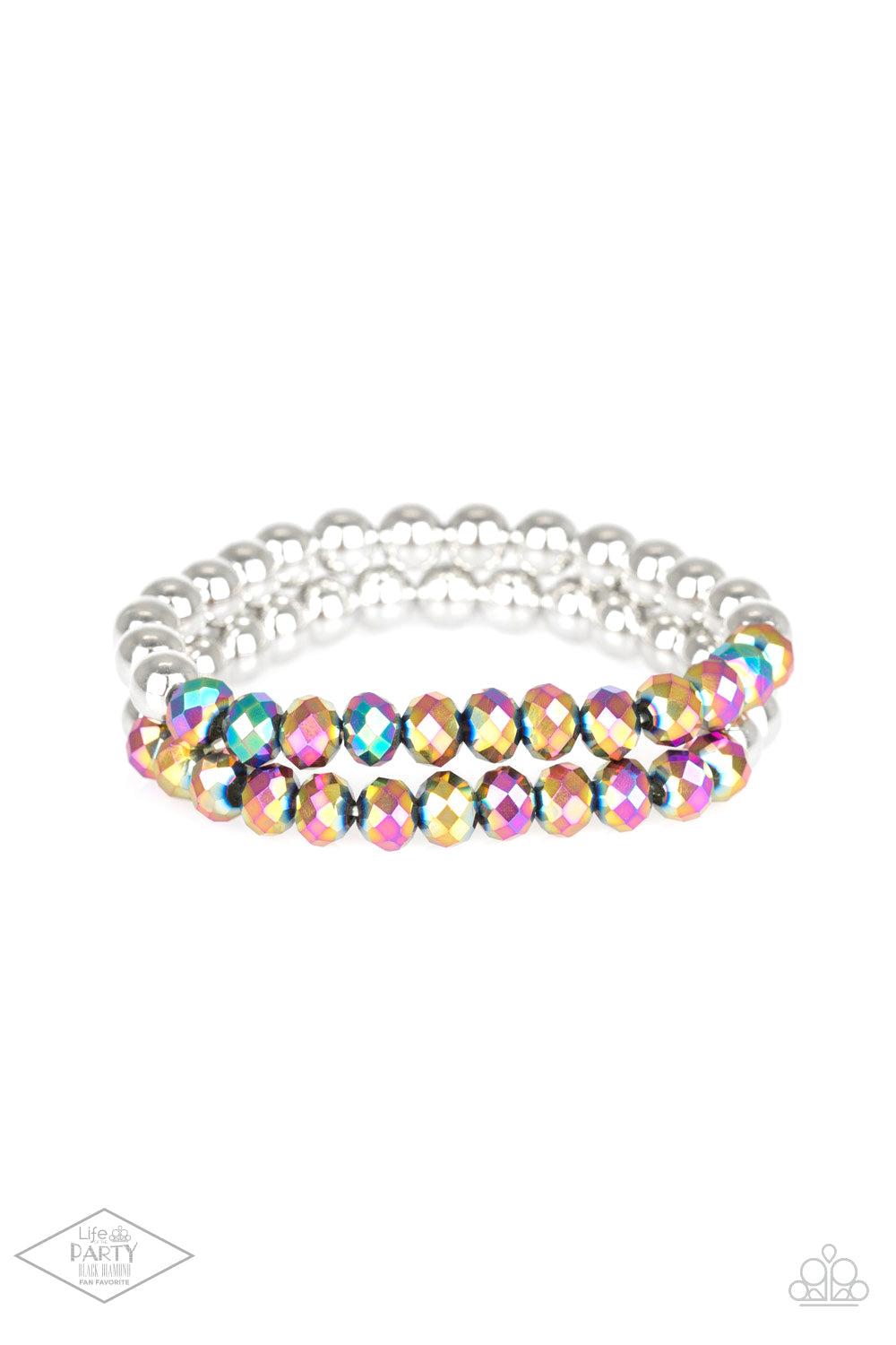 Chroma Color - Multi - Rainbow Iridescent - Silver Stretchy Bracelet - Paparazzi Accessories - Dipped in a rainbow iridescence, a collection of metallic crystal-like beads and shiny silver beads are threaded along two stretchy bands around the wrist for a stellar look.