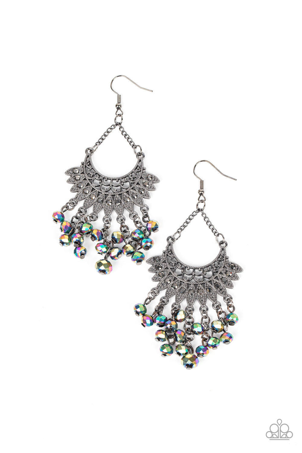 Chromatic Cascade - Multi Color - Oil Spill Earrings - Paparazzi Accessories - Tassels of metallic oil spill crystal-like beads cascade from the bottom of a fan of hematite rhinestone dotted frames that flare out from a filigree filled half moon frame, resulting in a glitzy fringe suspended by dainty gunmetal chains.