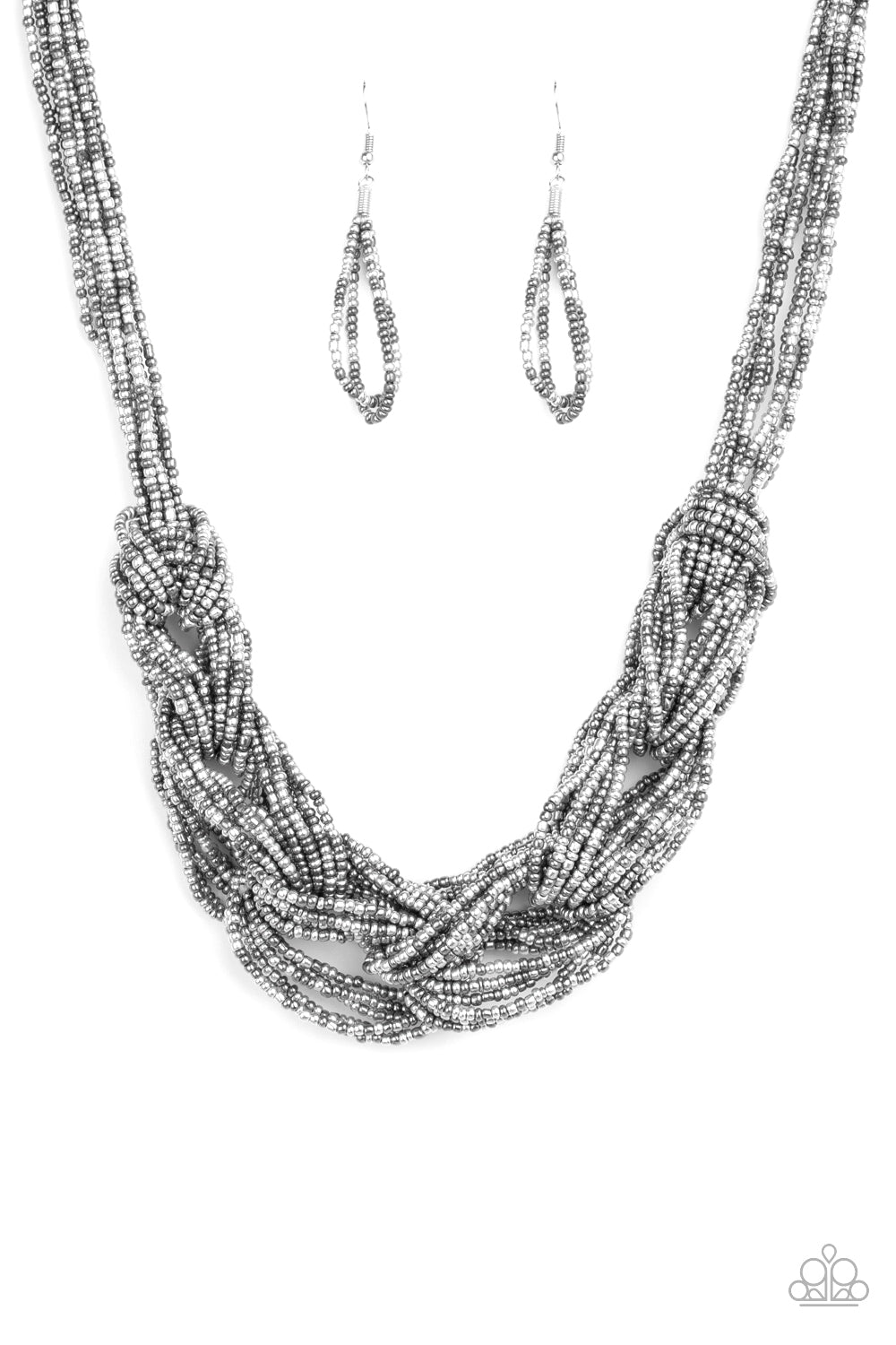 City Catwalk - Silver Seed Bead Necklace - Paparazzi Accessories -  Brushed in a flashy finish, countless strands of silver and gunmetal seed beads weave into a bulky square braid below the collar for a glamorous look. Features an adjustable clasp closure. Sold as one individual necklace. 