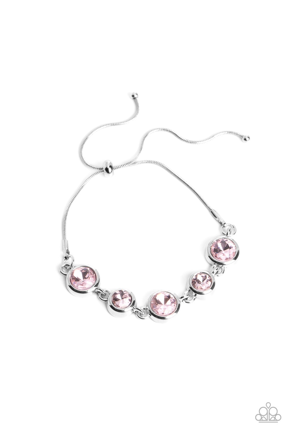 Classically Cultivated - Pink and Silver Bracelet - Paparazzi Accessories - Varying sizes of classic, round, brilliant-cut pink rhinestones set in thick, circular, silver frames link together around the wrist with glamorous glimmer. The rhinestones attach to a dainty strand of silver snake chain that wraps around the wrist in a refined finish. Features an adjustable lariat sliding bead closure. Sold as one individual bracelet.