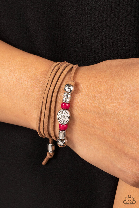 Clear A Path - Pink - Brown Suede Bracelet - Paparazzi Accessories - An array of pink and silver beads are knotted in place along elongated suede cording for a wanderlust fashion. To secure bracelet, tie ends in place around the wrist at desired length. Sold as one individual bracelet.