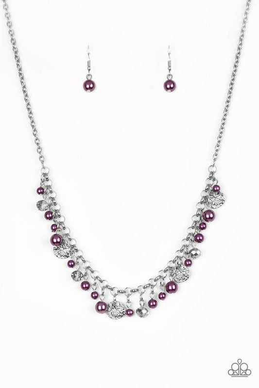 Coastal Cache - Purple - Silver Necklace - Paparazzi Accessories - Pearly purple beads, smoky crystal-like gems, and hammered silver discs swing from a bold silver chain, creating a refined fringe below the collar. Features an adjustable clasp closure.