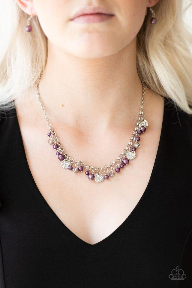 Coastal Cache - Purple - Silver Necklace - Paparazzi Accessories - Pearly purple beads, smoky crystal-like gems, and hammered silver discs swing from a bold silver chain, creating a refined fringe below the collar. Features an adjustable clasp closure.