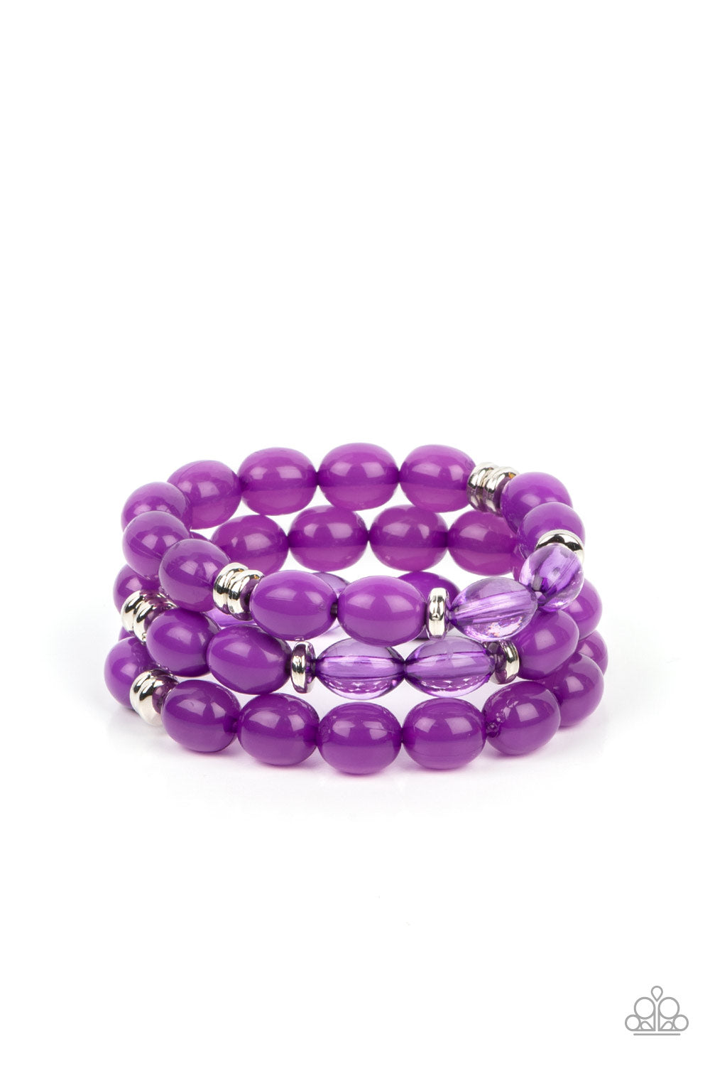 Coastal Coastin - Purple and Silver Stetchy Bracelet - Paparazzi Accessories - Silver accents, rows of glassy, opaque and acrylic purple beads are threaded along stretchy bands around the wrist, resulting in vivacious layer bracelets. Trendy fashion jewelry for everyone.