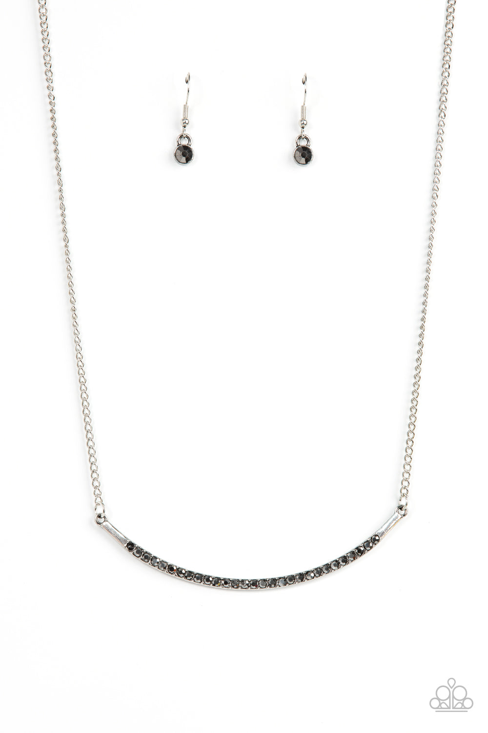 Collar Poppin Sparkle - Silver Fashion Necklace - Paparazzi Accessories - Encrusted in smoky hematite rhinestones, a curved silver bar bows below the collar for a smoldering style. Features an adjustable clasp closure.