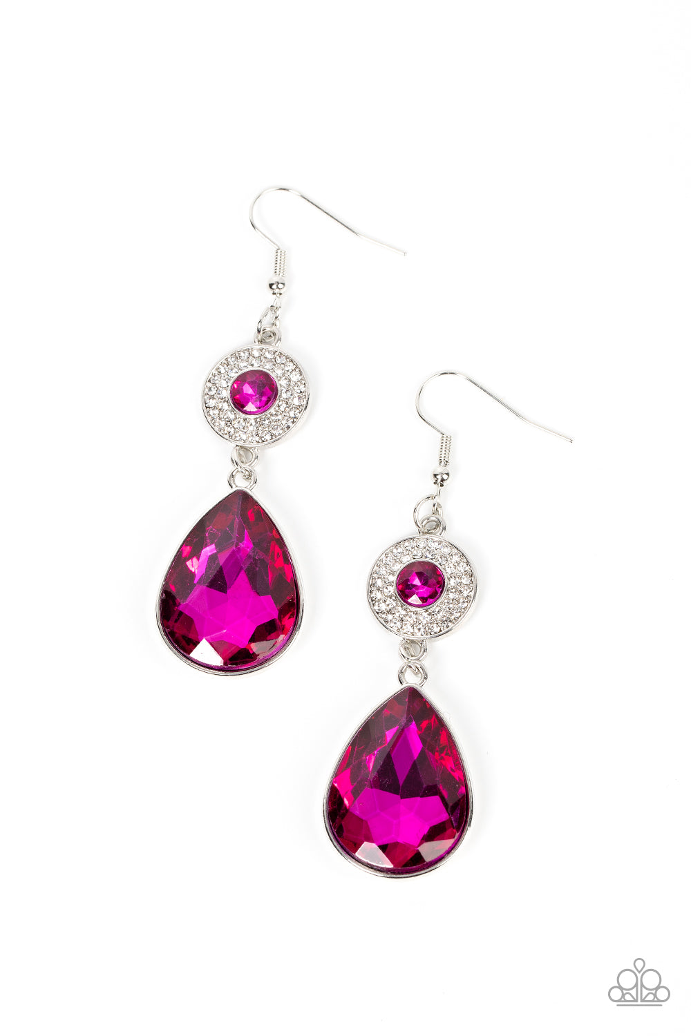 Collecting My Royalties - Fuchsia Pink and Silver Earrings - Paparazzi Accessories - Dotted with a solitaire Fuchsia Fedora rhinestone, a white rhinestone encrusted silver disc gives way to an oversized teardrop Fuchsia Fedora gem, resulting in a glamorous lure. Earring attaches to a standard fishhook fitting. Sold as one pair of earrings.