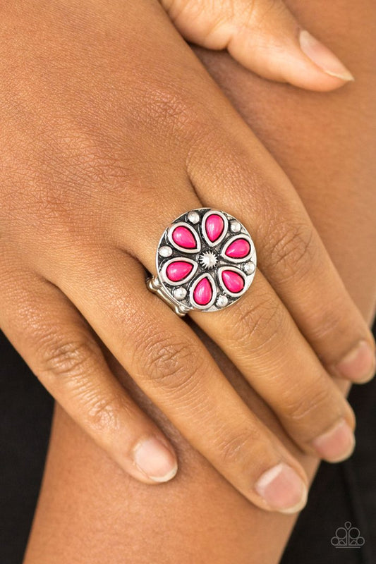 Color Me Calla Lily - Pink & Silver Ring - Paparazzi Accessories - 
Vivacious pink beads are pressed into a studded silver frame, creating a colorful floral centerpiece atop the finger. Features a stretchy band for a flexible fit.
