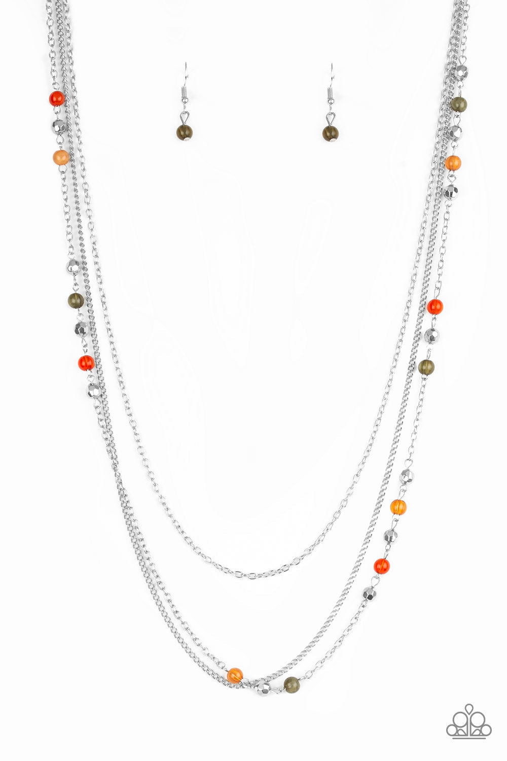 Colorful Cadence - Multi Color Necklace - Paparazzi Accessories - Faceted silver and glassy green, orange and red beads trickle along shimmery silver chains down the chest for a whimsical look. Features an adjustable clasp closure.  Bejeweled Accessories By Kristie - Trendy fashion jewelry for everyone -
