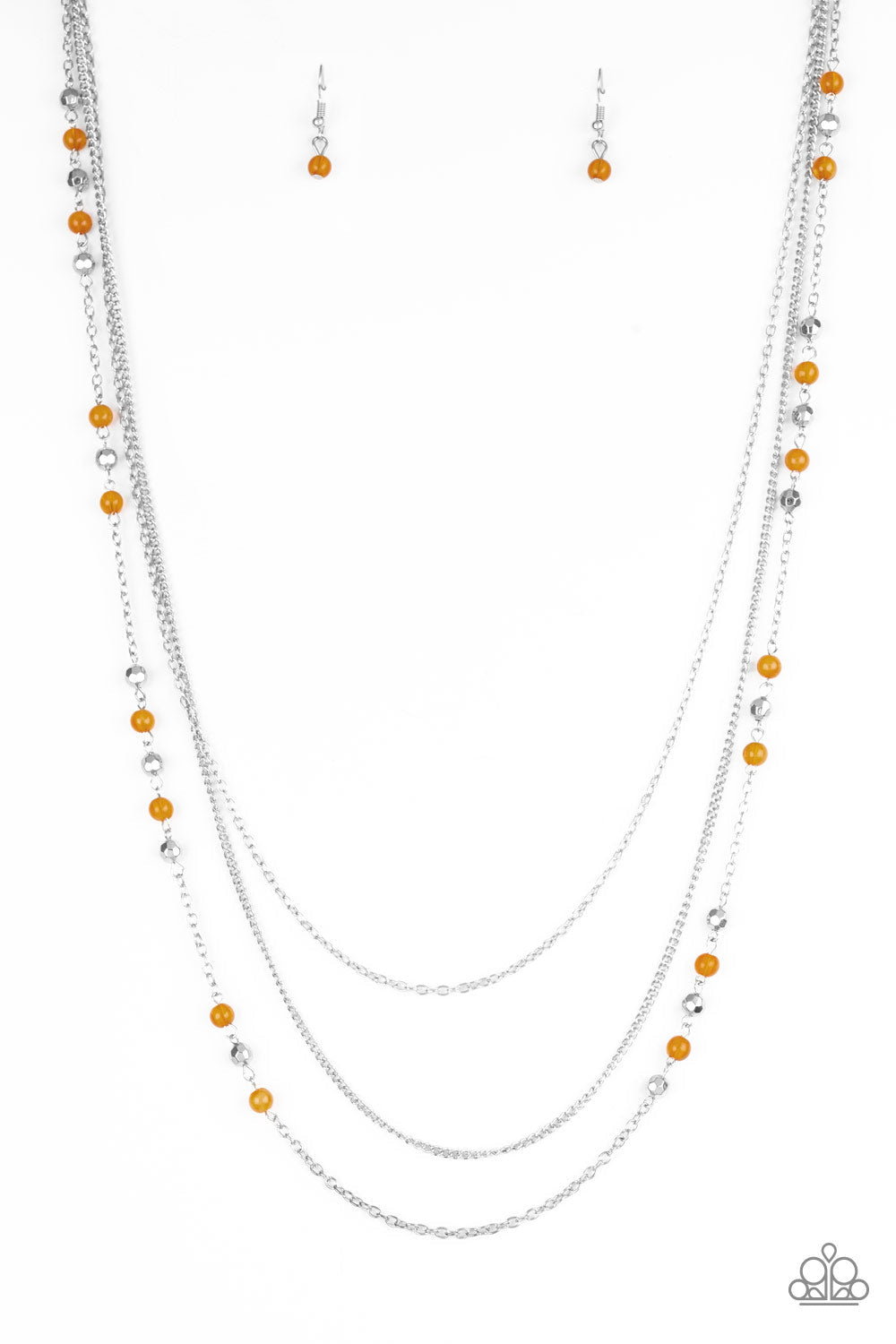 Colorful Cadence - Orange and Silver Necklace - Paparazzi Accessories - Faceted silver and glassy orange beads trickle along shimmery silver chains down the chest for a whimsical style necklace.
