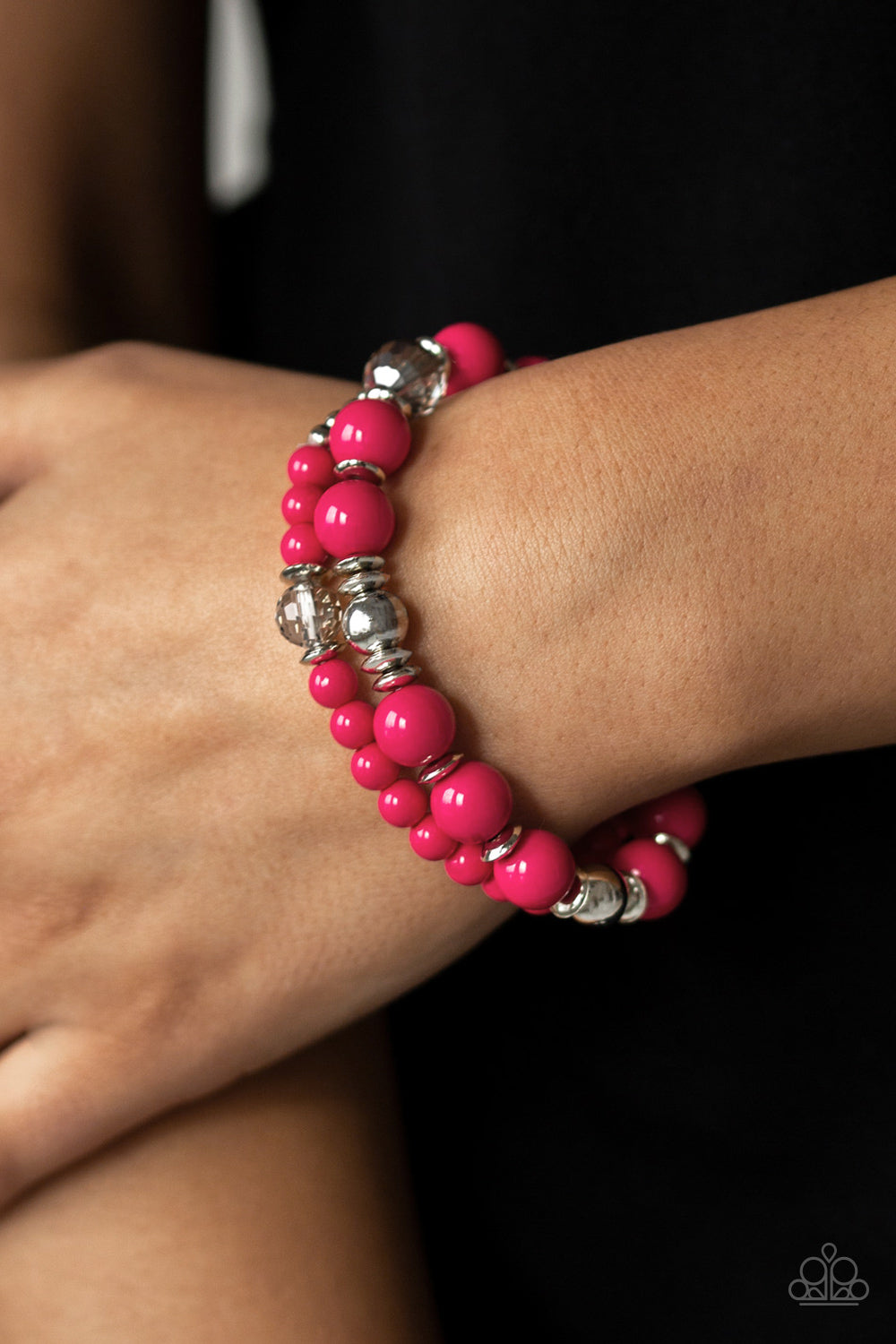 Colorful Collisions - Pink and Silver Stretchy Bracelet - Paparazzi Accessories - A collection of polished pink, shiny silver, and faceted crystal-like beads are threaded along stretchy bands around the wrist for a colorfully layered look. Sold as one individual bracelet.