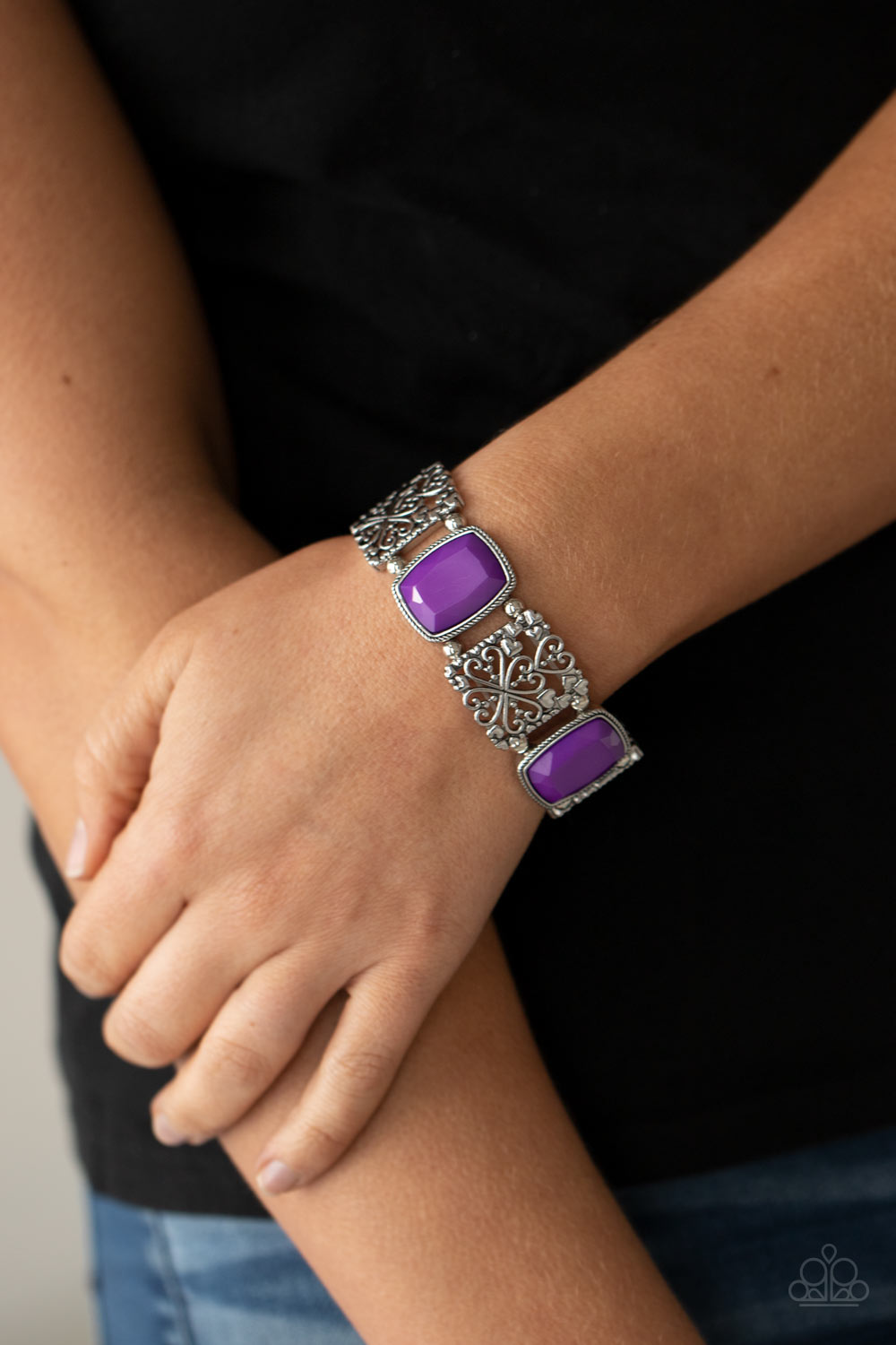 Colorful Coronation - Purple and Silver - Stretchy Bracelet - Paparazzi Accessories - 
Infused with dainty silver heart accents, whimsically filled silver filigree frames and faceted Amethyst Orchid beads are threaded along stretchy bands around the wrist for a colorful flair. Sold as one individual bracelet.

