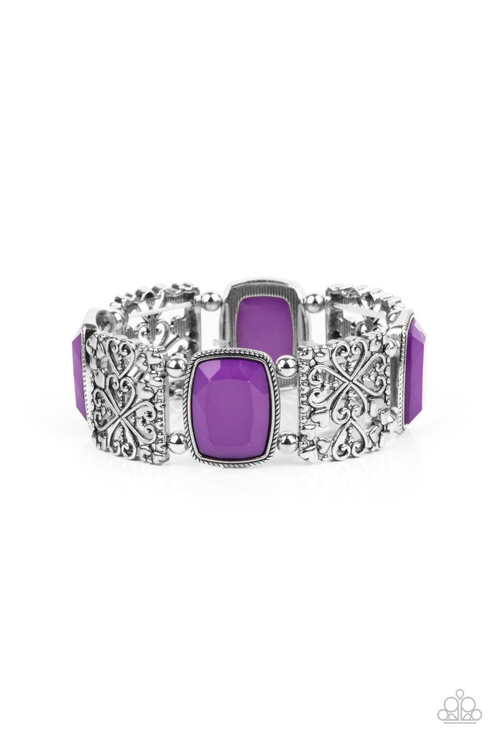 Colorful Coronation - Purple and Silver - Stretchy Bracelet - Paparazzi Accessories - 
Infused with dainty silver heart accents, whimsically filled silver filigree frames and faceted Amethyst Orchid beads are threaded along stretchy bands around the wrist for a colorful flair. Sold as one individual bracelet.
