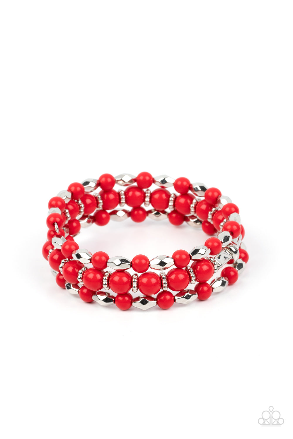 Colorfully Coiled - Red and Silver Coil Bracelet - Paparazzi Accessories - A mismatched collection of faceted silver beads, studded silver rings, and fiery red beads are threaded along a wire that coils around the wrist, creating a colorful infinity wrap style bracelet. Sold as one individual bracelet.