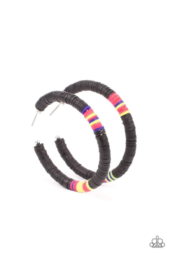 Colorfully Contagious - Black Hoop Earrings - Paparazzi Accessories - 
Rubbery black, pink, blue, and yellow bands are threaded along an oversized silver hoop, creating a courageous pop of color. Earring attaches to a standard post fitting. Hoop measures approximately 2 1/4" in diameter. Sold as one pair of hoop earrings.