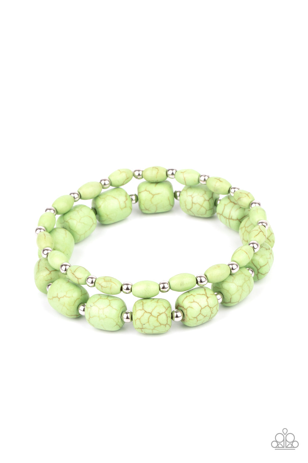 Colorfully Country - Green and Silver - Stretchy Bracelet - Paparazzi Accessories -  Dainty silver beads and mismatched green stone beads are threaded along stretchy bands around the wrist, creating vivacious layers. Sold as one pair of bracelets.