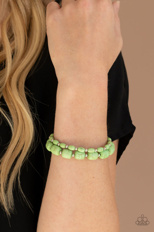 Colorfully Country - Green and Silver - Stretchy Bracelet - Paparazzi Accessories - Dainty silver beads and mismatched green stone beads are threaded along stretchy bands around the wrist, creating vivacious layers. Sold as one pair of bracelets.