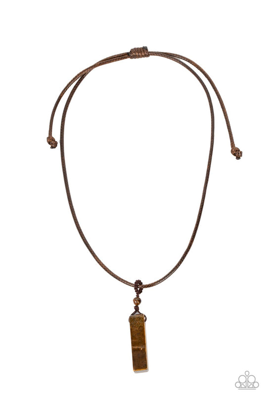 Comes Back ZEN-fold - Brown Necklace - Paparazzi Accessories - A rectangular tiger's eye stone pendulum is knotted in place below a dainty tiger's eye stone bead that glides along a shiny brown cord below the collar, resulting in an earthy pendant.