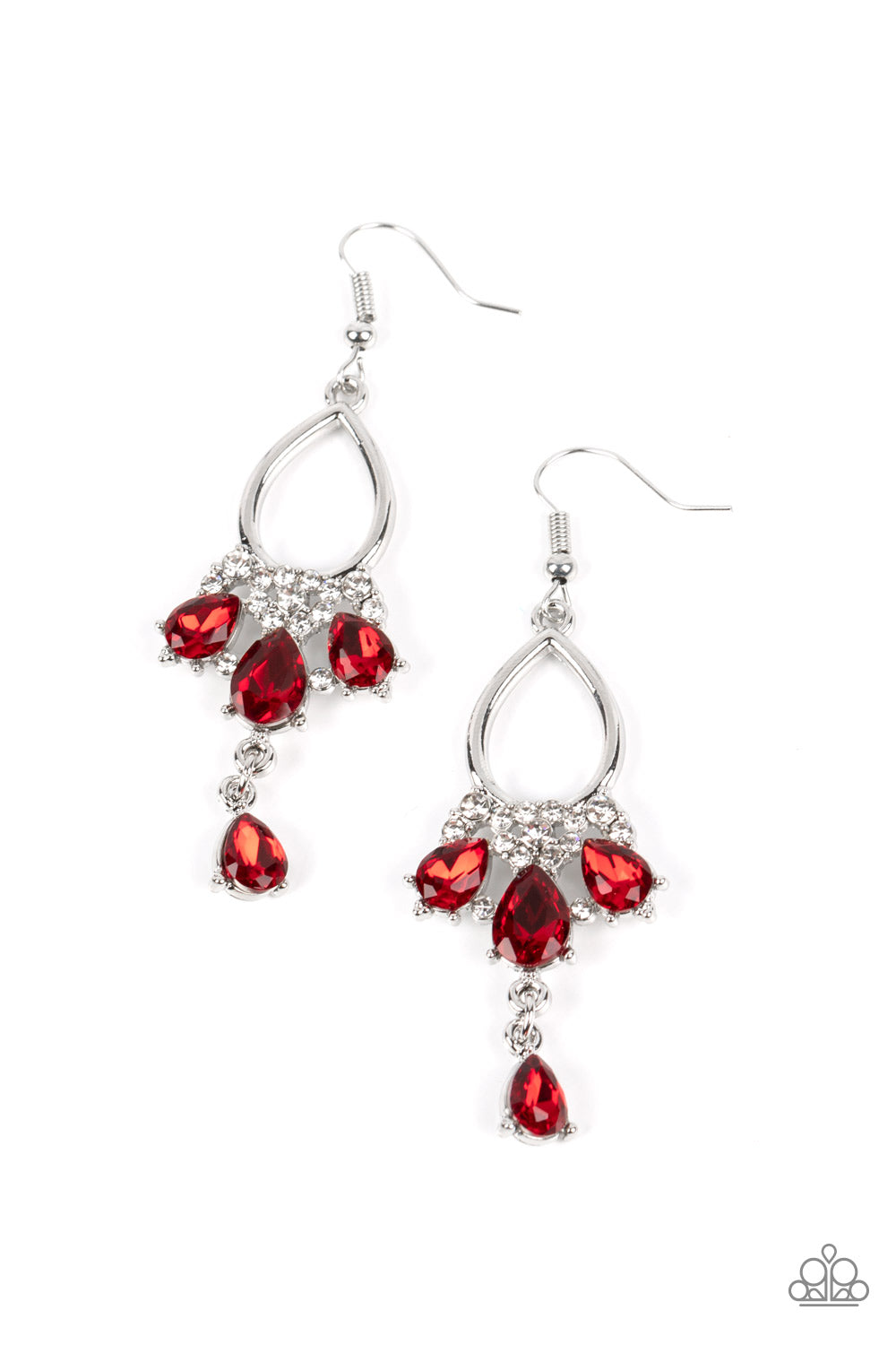 Coming in Clutch - Red and Silver Earrings - Paparazzi Accessories - A solitaire red teardrop rhinestone sways from the bottom of a fan of red rhinestone teardrops that flares out from a white rhinestone floral accent at the bottom of an airy silver frame, resulting in a modern chandelier. Earring attaches to a standard fishhook fitting. Sold as one pair of earrings.