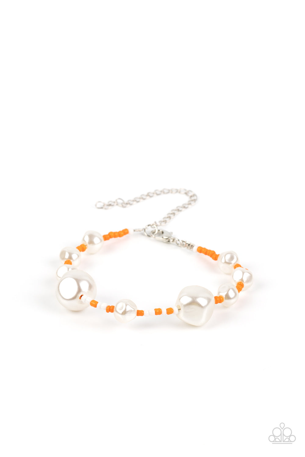 Contemporary Coastline - Orange and White Pearl Bracelet - Paparazzi Accessories - Irregular-shaped pearls in varying sizes are scattered amongst orange and white seed beads that are threaded along a wire, resulting in a refreshing and playful style around the wrist. Features an adjustable clasp closure. Sold as one individual bracelet.