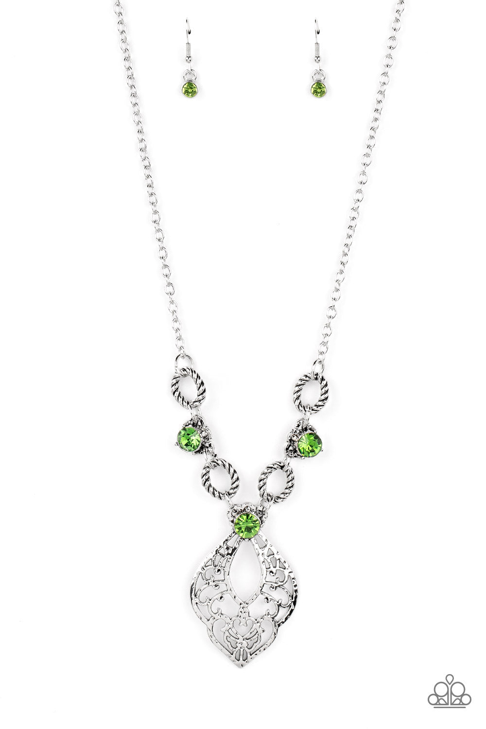 Contemporary Connections - Green and Silver Necklace - Paparazzi Accessories - Twisted silver links and oversized green rhinestones delicately alternate below the collar. A hammered filigree filled silver pendant shimmers from the bottom of the centermost rhinestone, creating a contemporary pendant. Features an adjustable clasp closure.