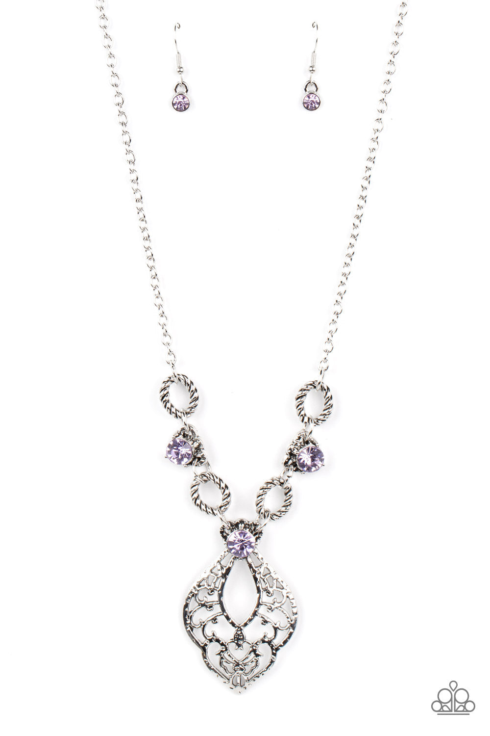 Contemporary Connections - Purple and Silver Necklace - Twisted silver links and oversized purple rhinestones delicately alternate below the collar. A hammered filigree filled silver pendant shimmers from the bottom of the centermost rhinestone, creating a contemporary pendant. Features an adjustable clasp closure. Sold as one individual necklace.