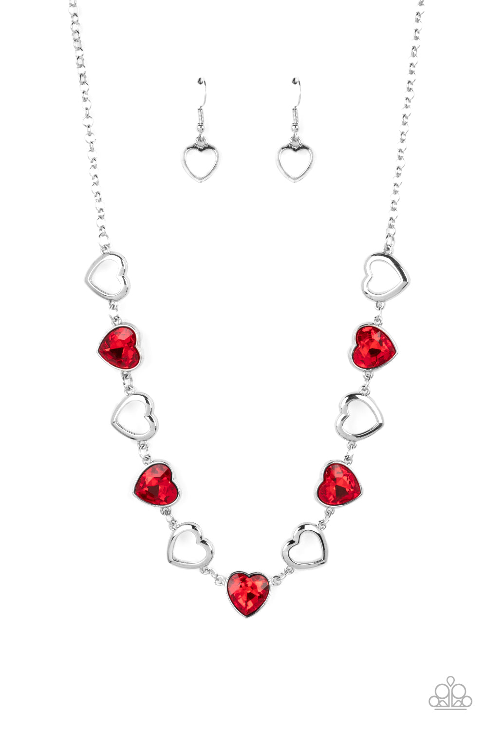 Contemporary Cupid - Red Heart Necklace - Paparazzi Accessories - Shiny, silver silhouette hearts alternate between faceted red heart gems pressed into silver frames.The high-sheen and sparkly display coalesce around the collar for a cupid-like charm.