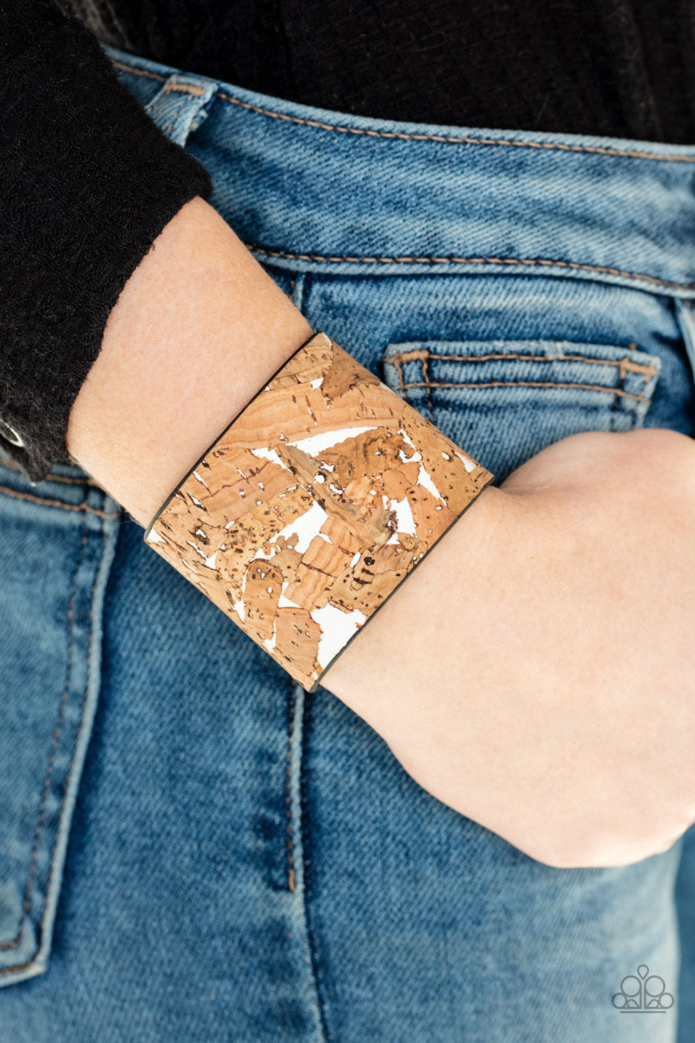 Cork Congo - White Cork and Leather Bracelet - Paparazzi Accessories - Pieces of cork have been plastered across the front of a shiny white leather band, creating an earthy look around the wrist. Features an adjustable snap closure. Sold as one individual bracelet.