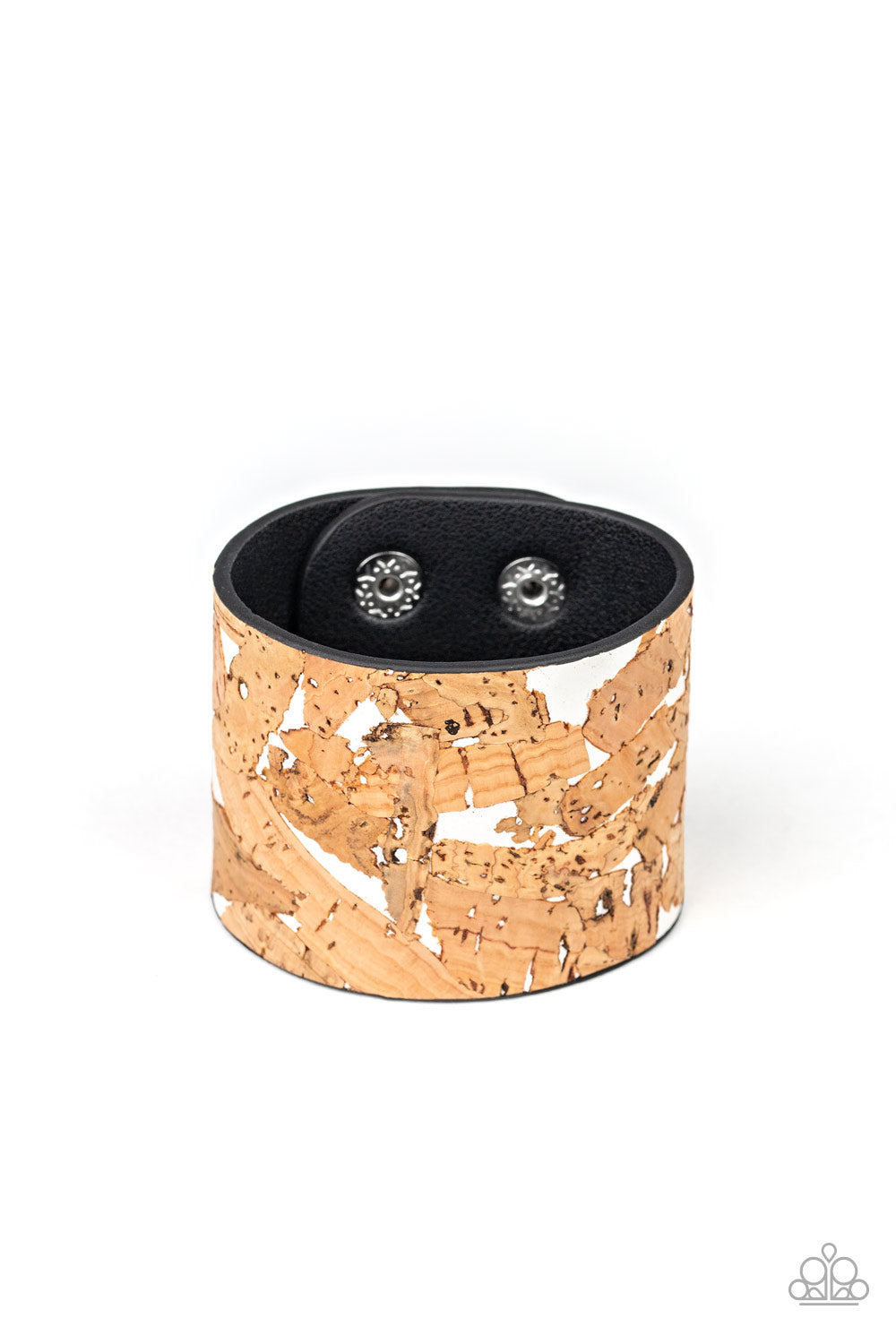 Cork Congo - White Cork and Leather Bracelet - Paparazzi Accessories - Pieces of cork have been plastered across the front of a shiny white leather band, creating an earthy look around the wrist. Features an adjustable snap closure. Sold as one individual bracelet.