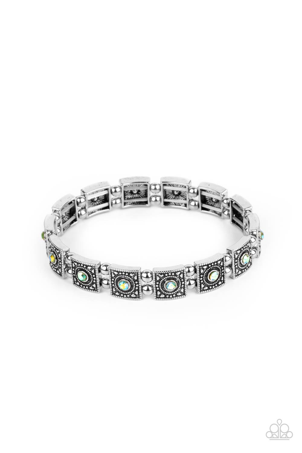 ​CosmicConquest Green Iridescent and Silver Stretchy Bracelet - Paparazzi Accessories - Dotted with iridescent Peridot rhinestone centers, studded silver frames alternate with pairs of dainty silver beads along stretchy bands, creating a stellar centerpiece around the wrist. Sold as one individual bracelet.
