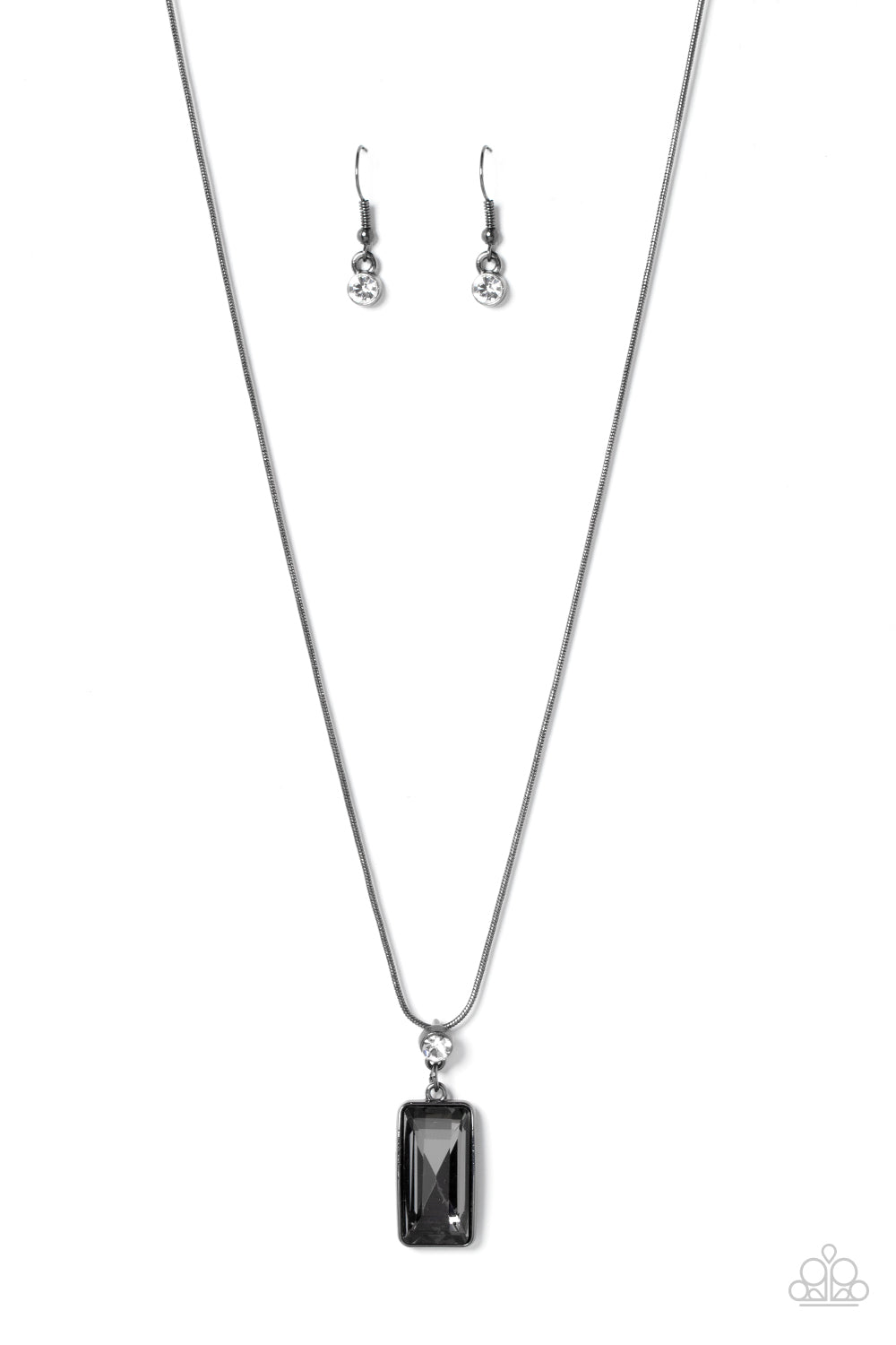Cosmic Curator - Smoky Gem Gunmetal Necklace - Paparazzi Accessories - Encased in a sleek gunmetal frame, an emerald cut smoky gem swings from the bottom of a solitaire white rhinestone along a rounded gunmetal snake chain for an out-of-this-world fashion necklace. Bejeweled Accessories By Kristie - Trendy fashion jewelry for everyone -