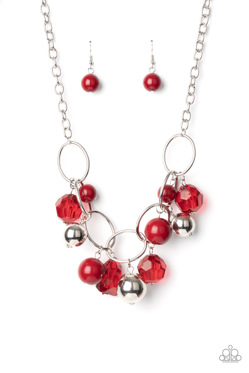 Cosmic Getaway - Red and Silver Necklace - Paparazzi Jewelry - Infused with faceted Samba crystal-like beads, a bubbly collection of oversized silver and Samba beads swing from the bottom of an interconnected row of bold silver oval frames, creating a colorful fringe below the collar.