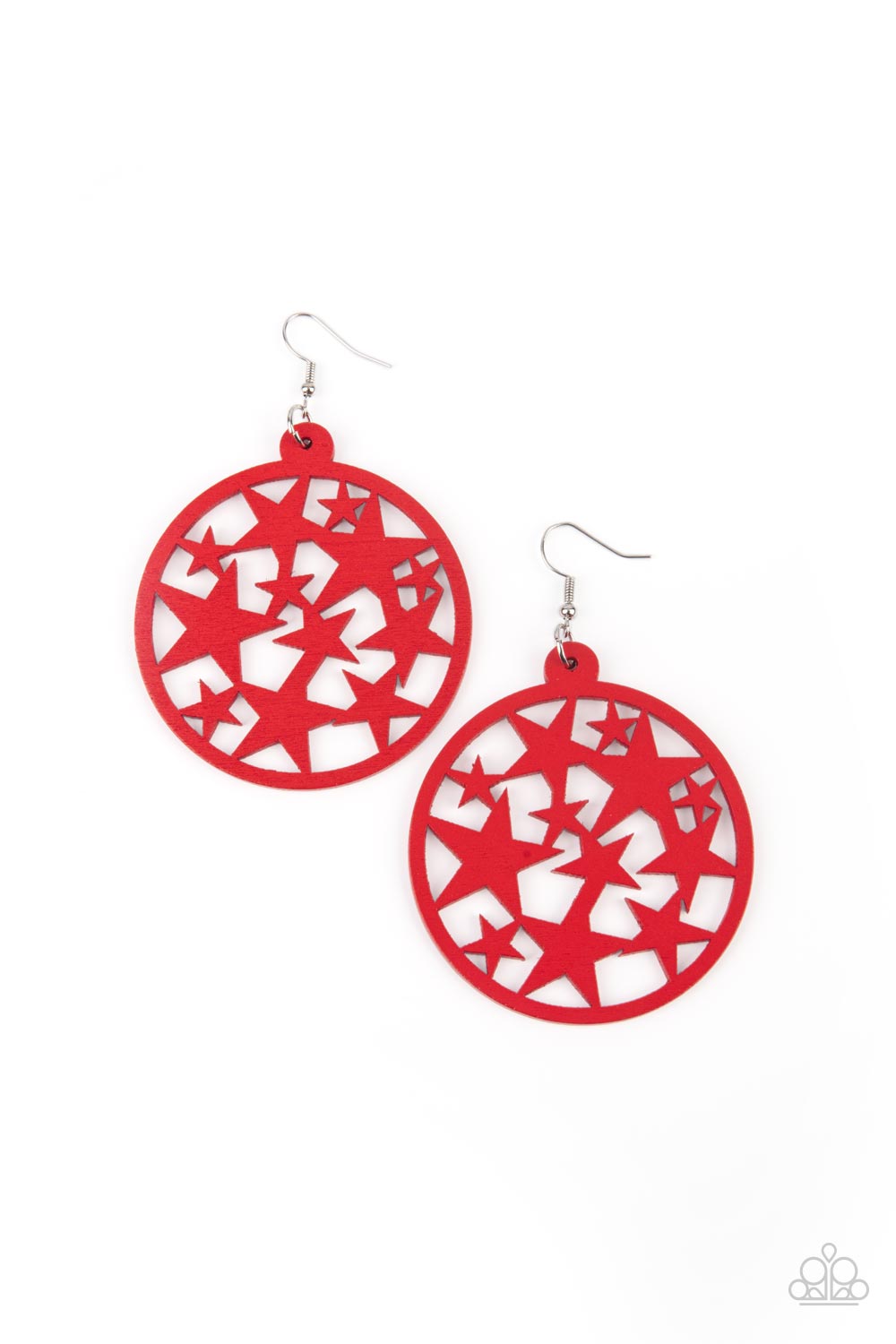 Cosmic Paradise - Red  Wood Star Earrings - Paparazzi Accessories - An oversized round red wooden frame is filled with a cosmos of cut-out red stars creating a whimsical statement. Earring attaches to a standard fishhook fitting. Trendy fashion jewelry for everyone.