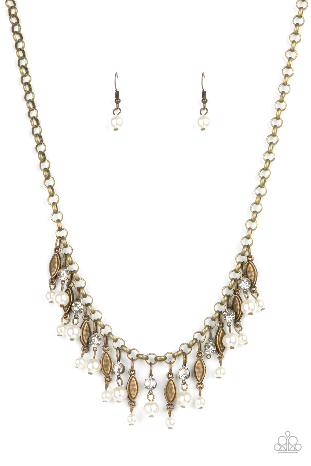 Cosmopolitan Couture - Brass - White Pearls Necklace - Paparazzi Accessories - Bubbly white pearls swing from the bottoms of glittery white rhinestones and studded brass frames that alternate along a chunky brass chain creating a glamorously grunge fringe below the collar.