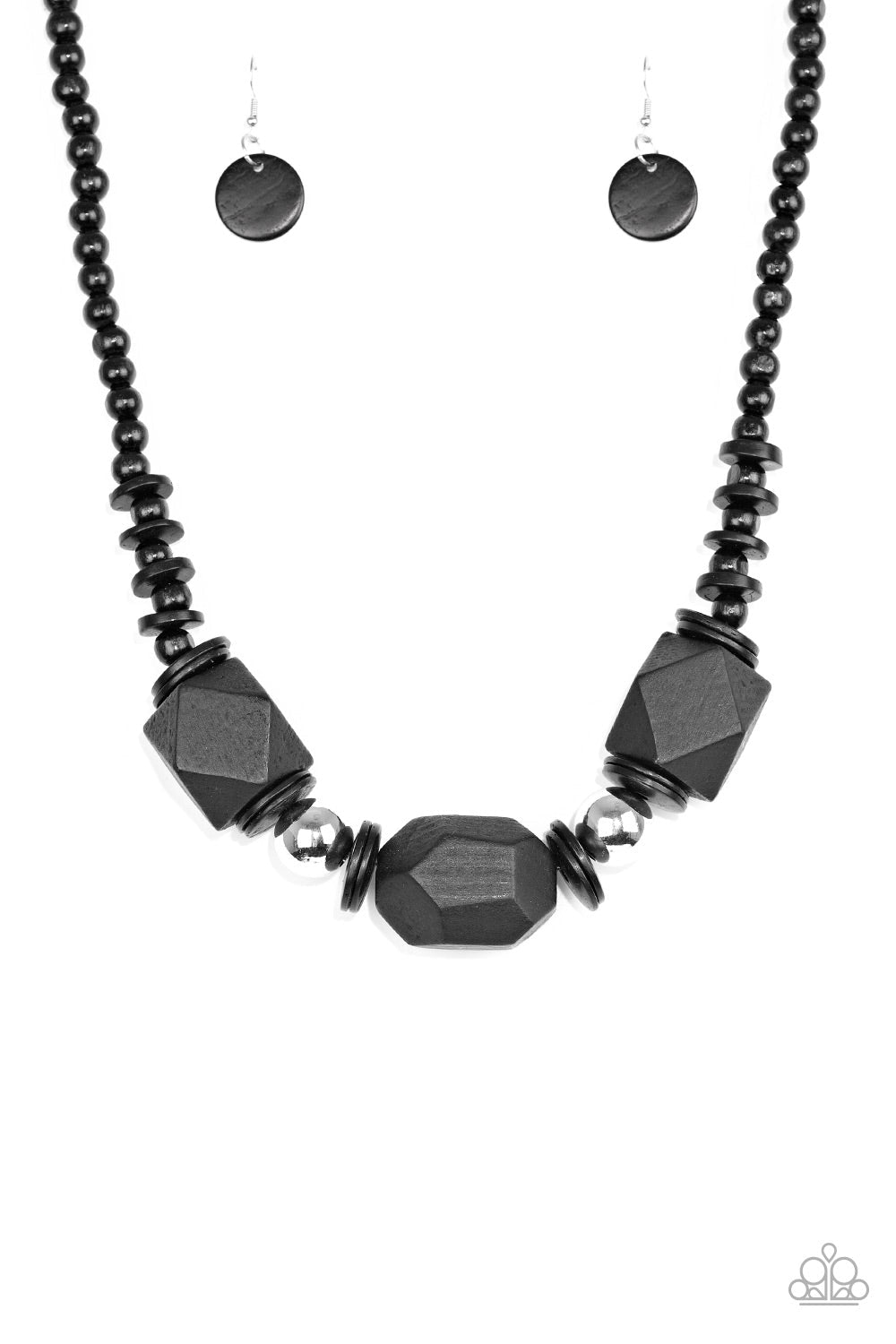 Costa Maya Majesty - Black Wood Necklace - Paparazzi Accessories - Featuring abstract geometric finishes, mismatched black wooden beads are threaded along shiny black cording. Dramatic silver beads are sprinkled between the earthy beading, creating a bold seasonal look below the collar. Features a button loop closure fashion necklace.
