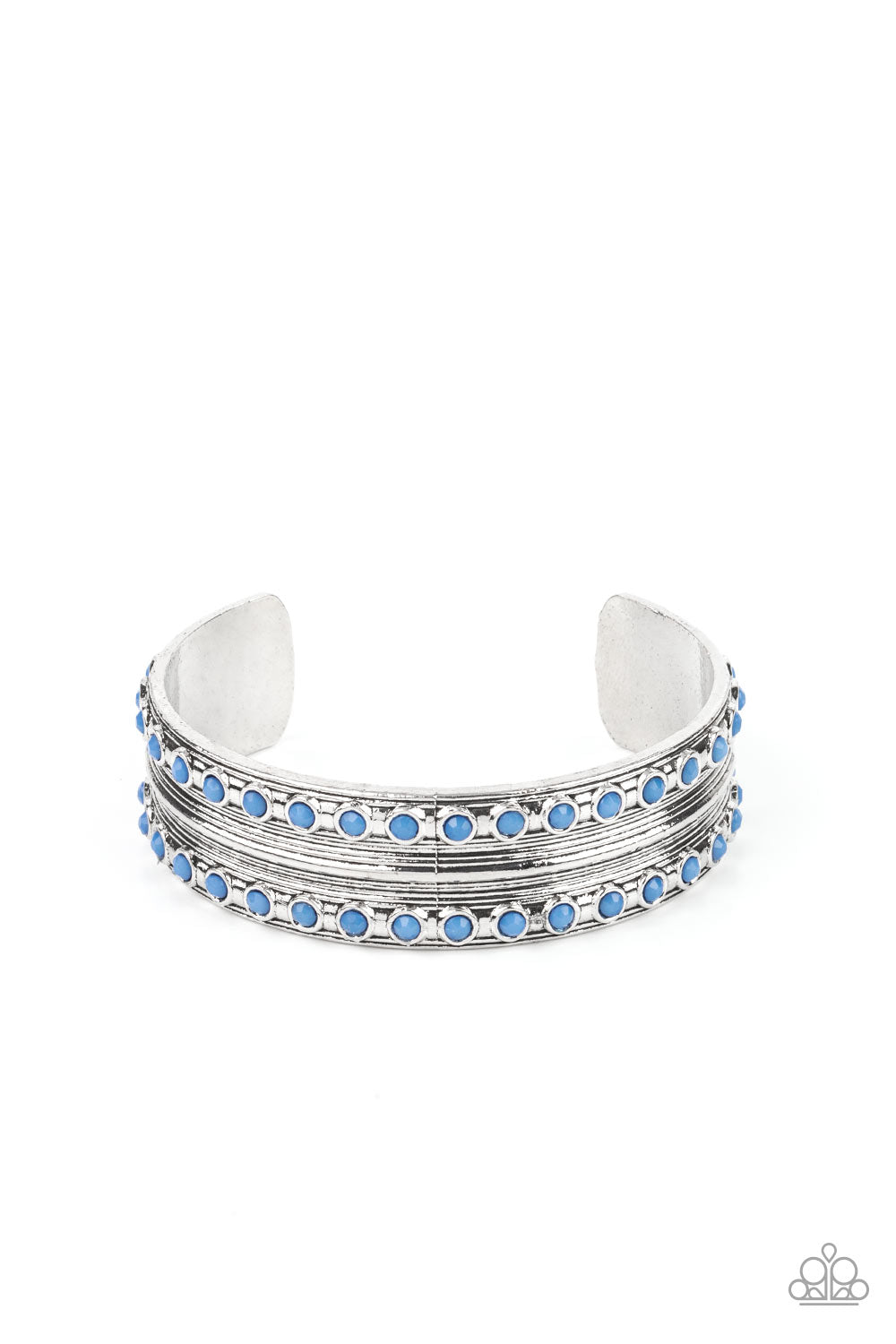 ​Costa Rica Retreat - Blue - Silver Cuff Bracelet - Paparazzi Accessories - Etched and embossed in stacks of linear texture, an antiqued silver cuff is bordered in rows of faceted Spring Lake beads for a refreshing finish. Sold as one individual stylish cuff bracelet. 