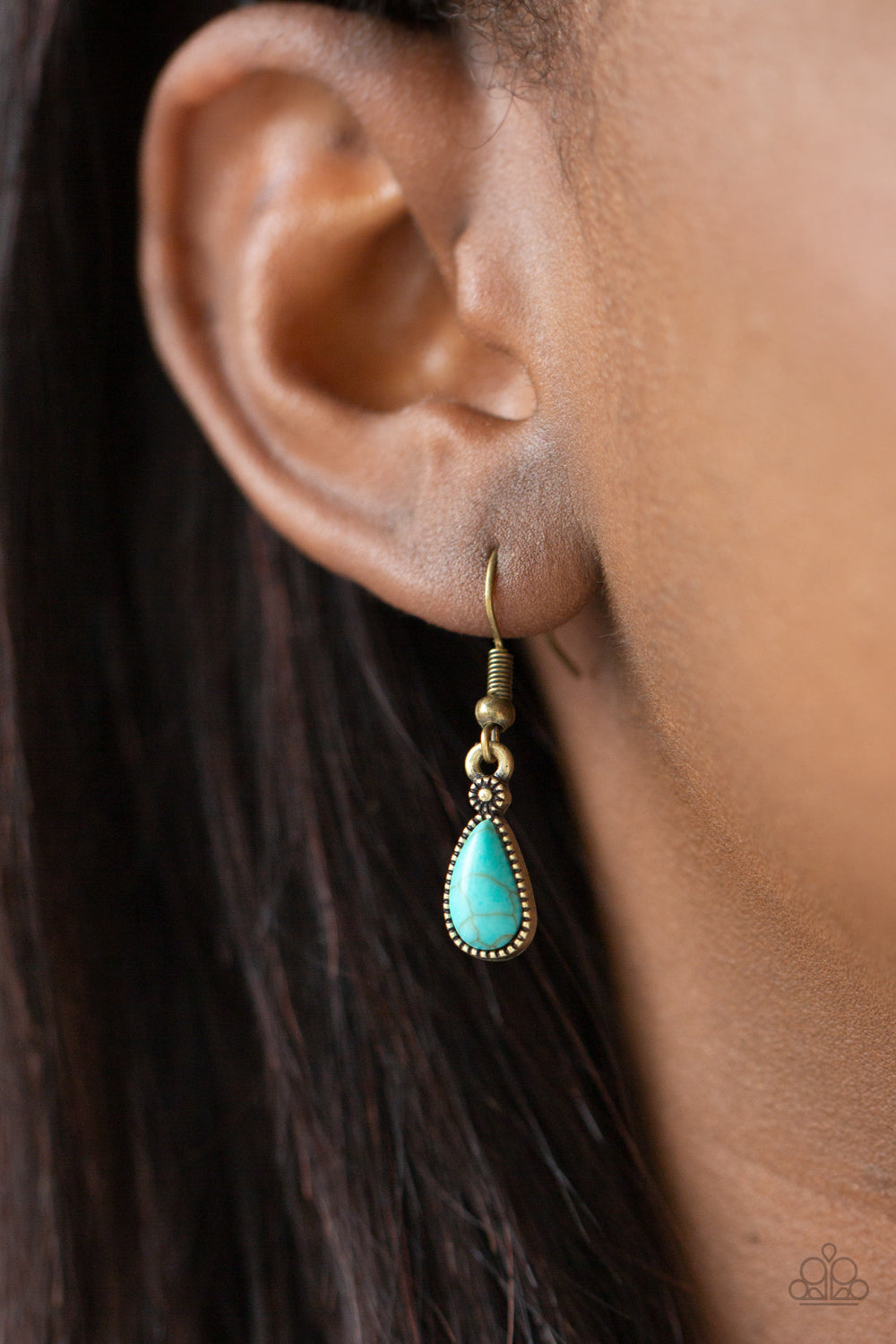 Cottage Garden - Brass and Turquoise Necklace - Paparazzi Accessories - A collection of asymmetrical turquoise stones adorns the front of a studded brass frame embossed in floral and feathery accents below the collar, creating a seasonal centerpiece.