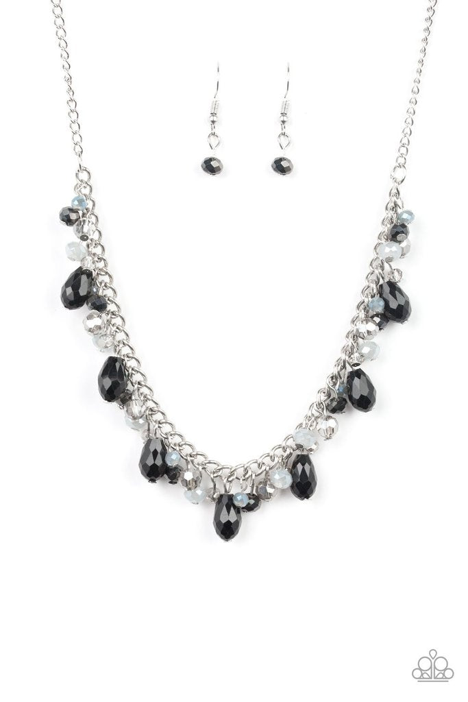 Courageously Catwalk -  Silver and Black Multi Necklace  - Paparazzi Accessories - Featuring crystal-like and metallic opaque finishes, mismatched beading swings from a shimmery silver chain, creating a glamorous fringe below the collar. Features an adjustable clasp closure. Sold as one individual necklace.