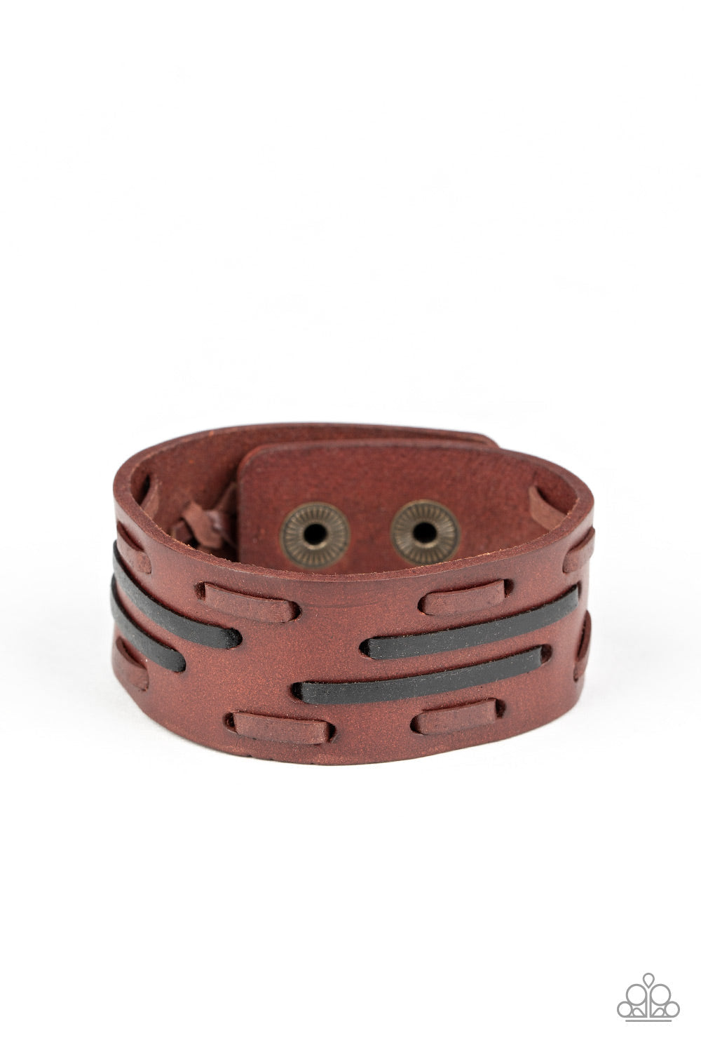 Cowboy Boot Camp - Brown Leather Men's Bracelet - Paparazzi Accessories - Brown and black leather laces are haphazardly threaded through a thick brown leather band, creating a rustic display around the wrist. Features an adjustable snap closure.