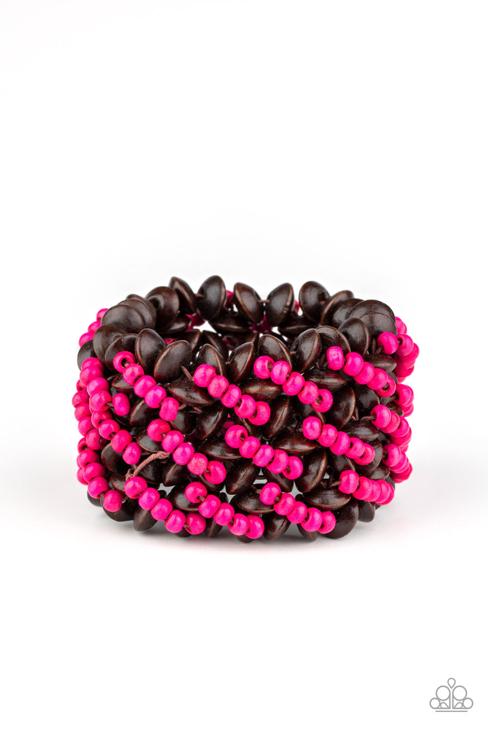 Cozy in Cozumel - Pink and Brown Wood Bracelet - Paparazzi Accessories - A collection of dainty pink wooden beads and brown wooden discs are threaded along knotted stretchy bands, creating a tropical floral pattern around the wrist. Sold as one individual bracelet.